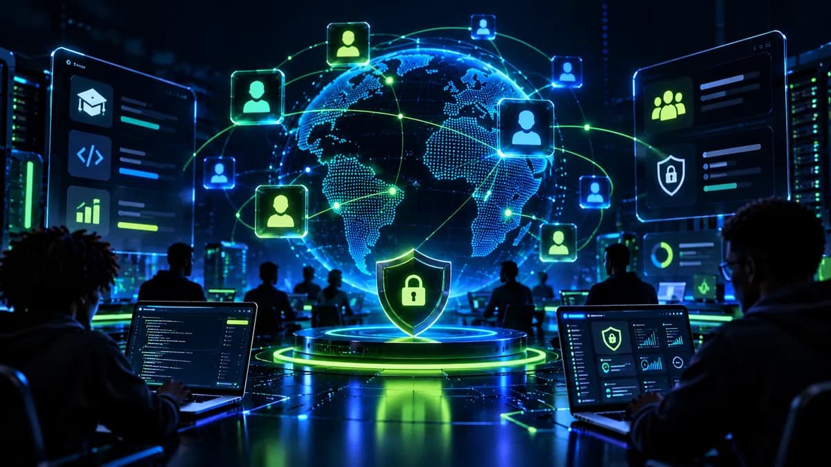 Espace collaboratif : globe connecté, tuiles de parcours et cadenas de sécurité.