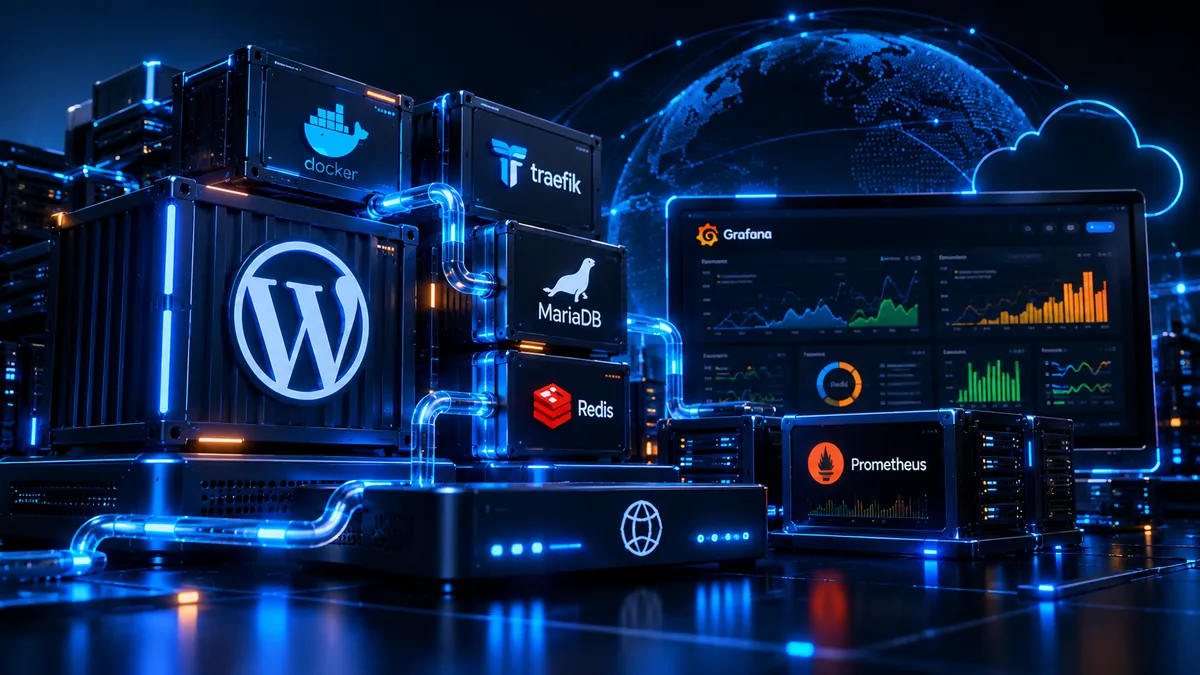 Pile de conteneurs Docker, Traefik, MariaDB et Redis devant un tableau de bord de supervision.